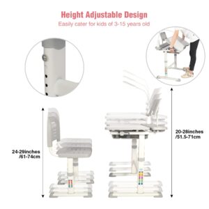 Domaker Kids Desk and Chair Set,Height Adjustable Childrens Homeschool Study Table with Storage Drawer, LED Light,Cup Holder,Bookstand, for 3-15 Years Boy and Girl, Grey
