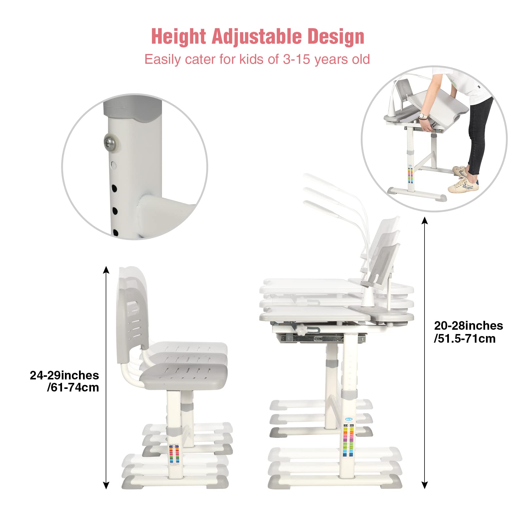 Domaker Kids Desk and Chair Set,Height Adjustable Childrens Homeschool Study Table with Storage Drawer, LED Light,Cup Holder,Bookstand, for 3-15 Years Boy and Girl, Grey