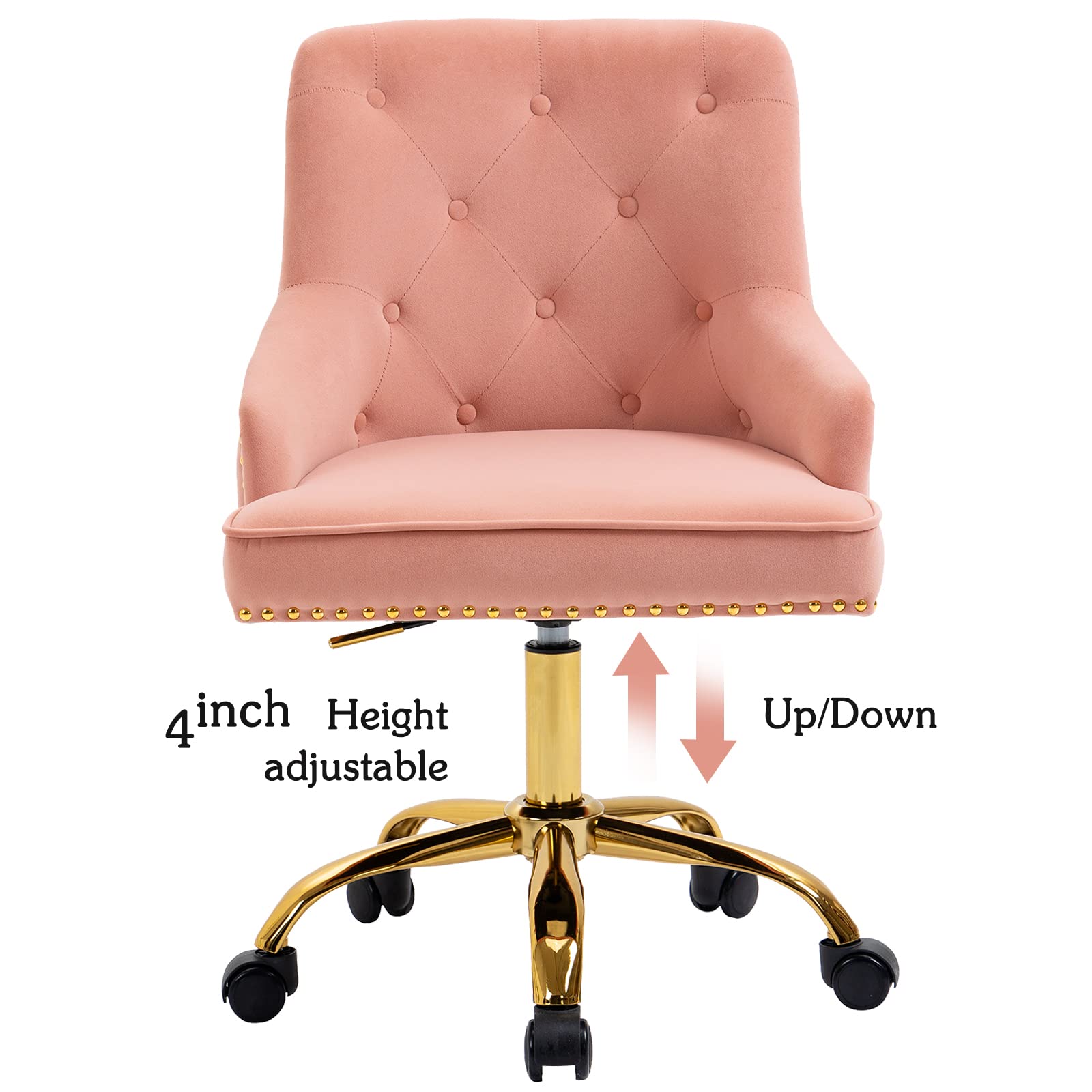 ATTICA Home Office Desk Chair with Soft Foam Seat Cushion 360 Degree Swivel and Rivets Design, Velvet Office Chair(Pink)