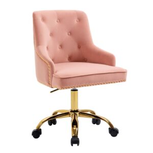 attica home office desk chair with soft foam seat cushion 360 degree swivel and rivets design, velvet office chair(pink)