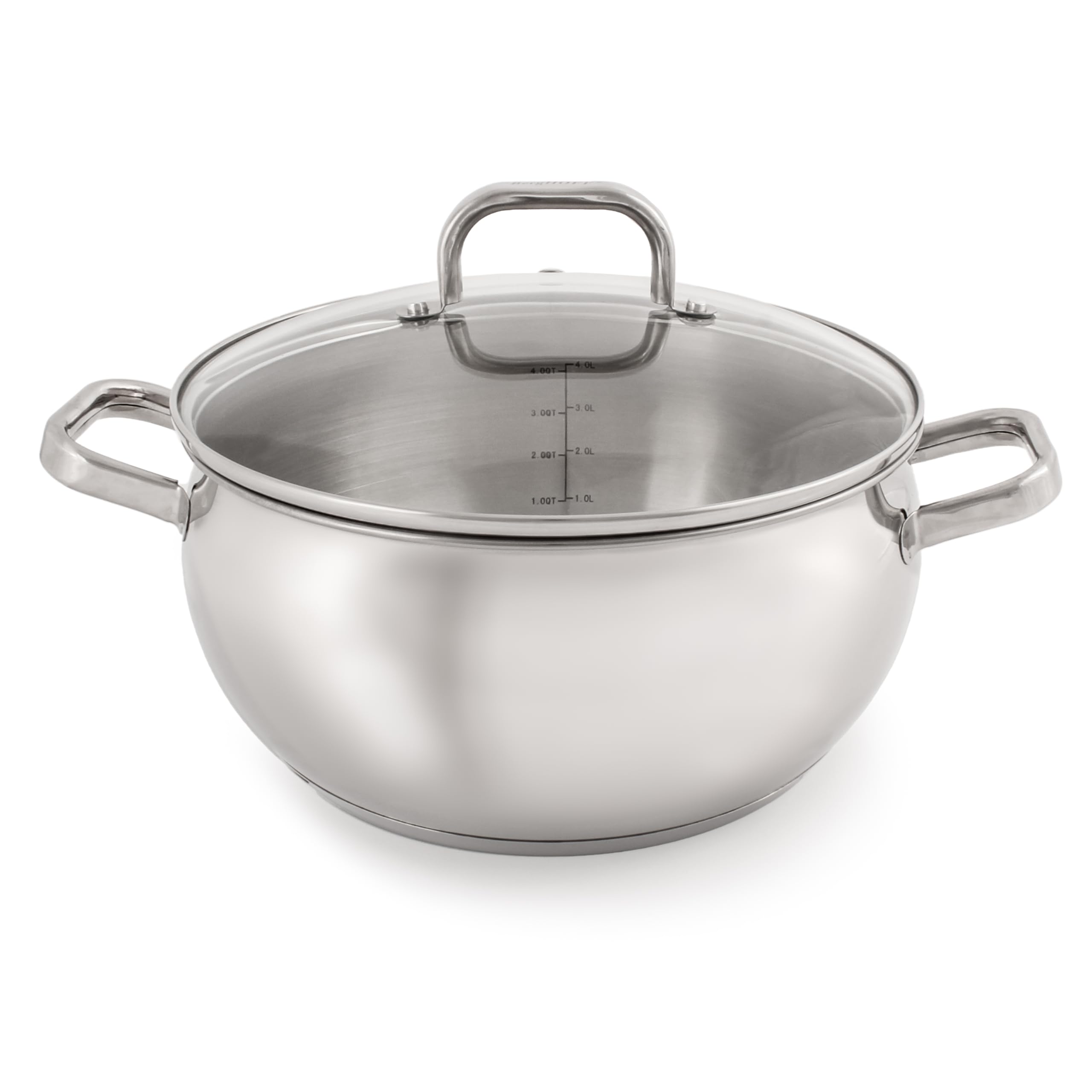 BergHOFF Belly Shape 18/10 Stainless Steel 9.5 inches Stockpot 5.5qt., Glass Lid with Steam Vent, Fast, Evenly Heat, Induction Cooktop Ready