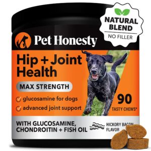 pet honesty hip & joint health max strength - natural joint supplement for dogs chews - glucosamine, omega-3s, chondroitin, green lipped mussel - help improve mobility, may reduce discomfort (90 ct)