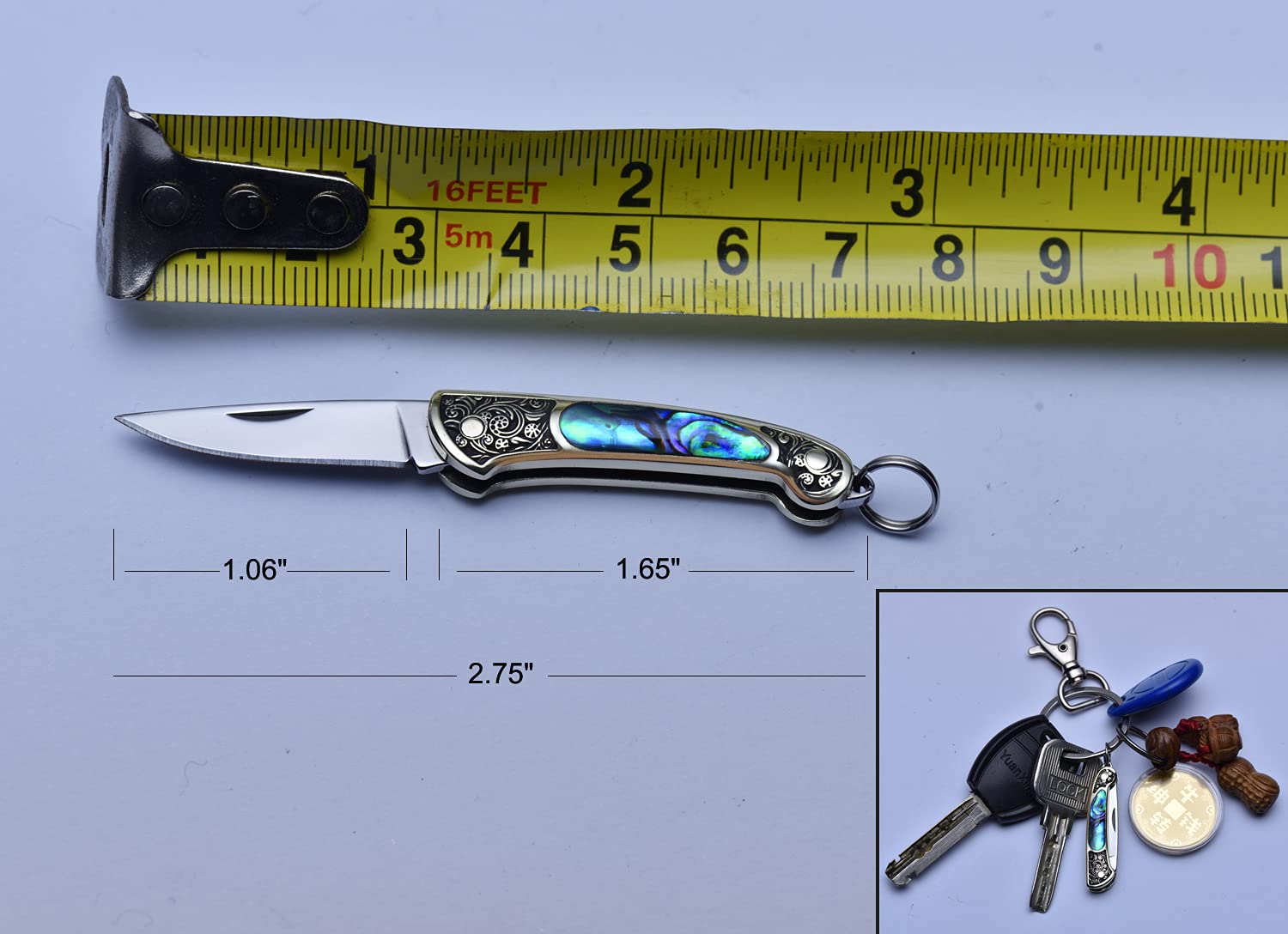 JPCRMOV Compact Pocket Knife Keychain for Women, Mini Folding Knife, Tiny EDC Knife, Abalone Shell Handle, Blade Length 1.06", Weighs only 9 Grams