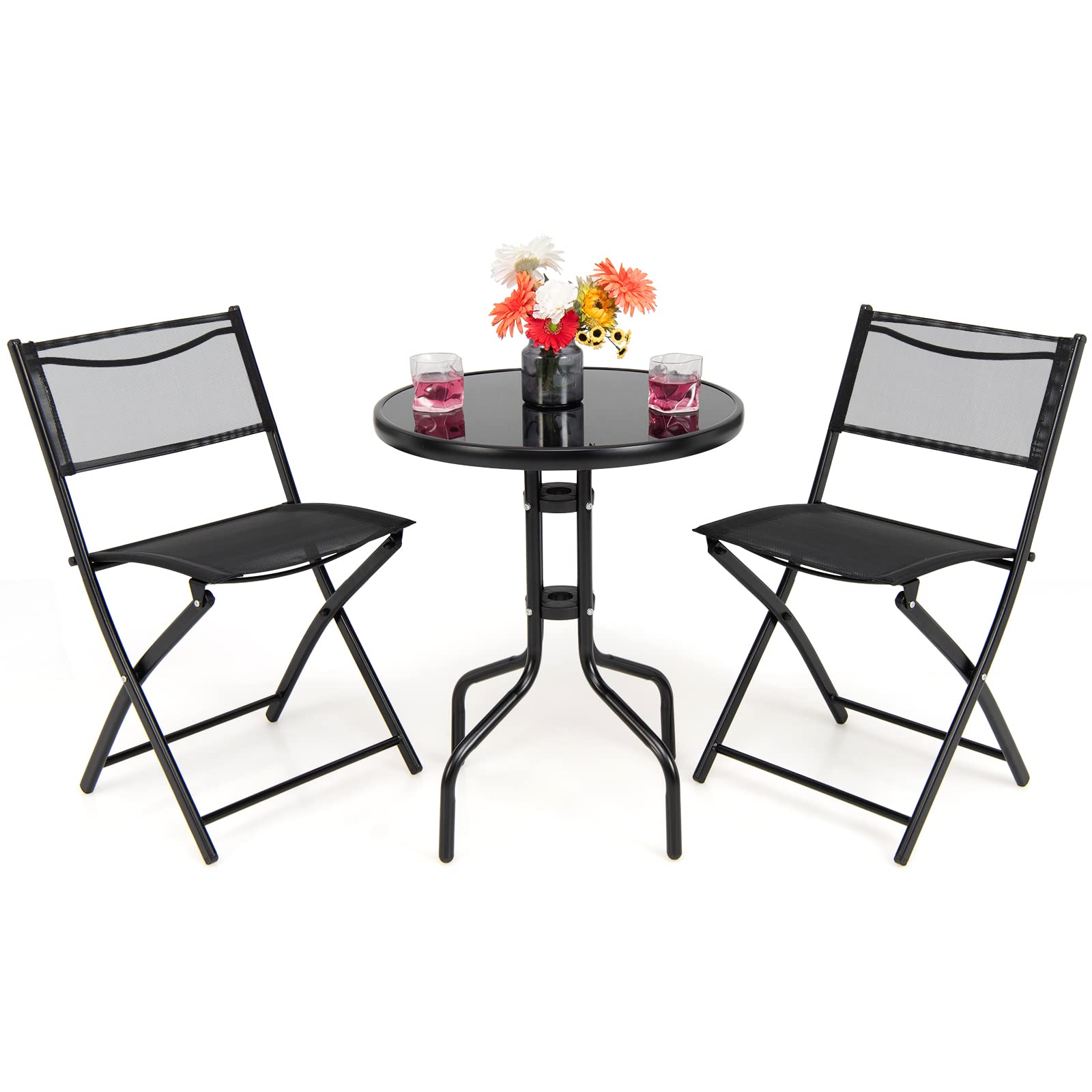 Tangkula 3 Pieces Folding Patio Bistro Set, Outdoor Folding Chairs & Table Set with Tempered Glass Tabletop, Round Table & Foldable Chairs, Outdoor Furniture Set for Garden, Poolside & Backyard