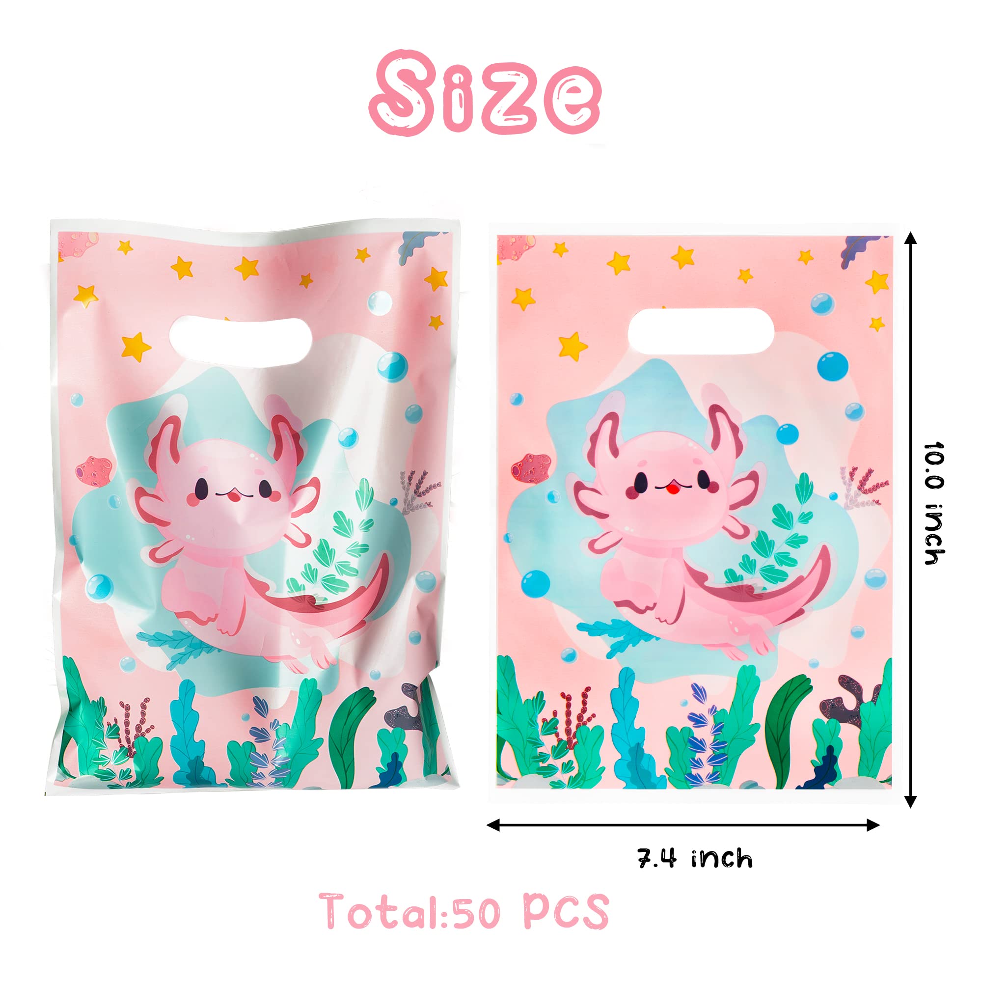 3sscha 50Pcs Axolotl Party Favor Bag Amphibian Themed Waterproof Goodie Bag with Die Cut Handles Reptile Animals Water Plants Plastic Candy Gift Bags for Baby Girl Birthday Baby Shower Decors Supplies