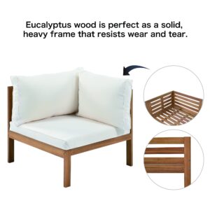 Outdoor Eucalyptus Wood 4 Piece Sectional Sofa Set with Coffee Table and Removable Cushion, Patio Sectional Seating Group L Shape Corner Sofa Set for Garden Backyard Poolside (Natural wood+Beige)