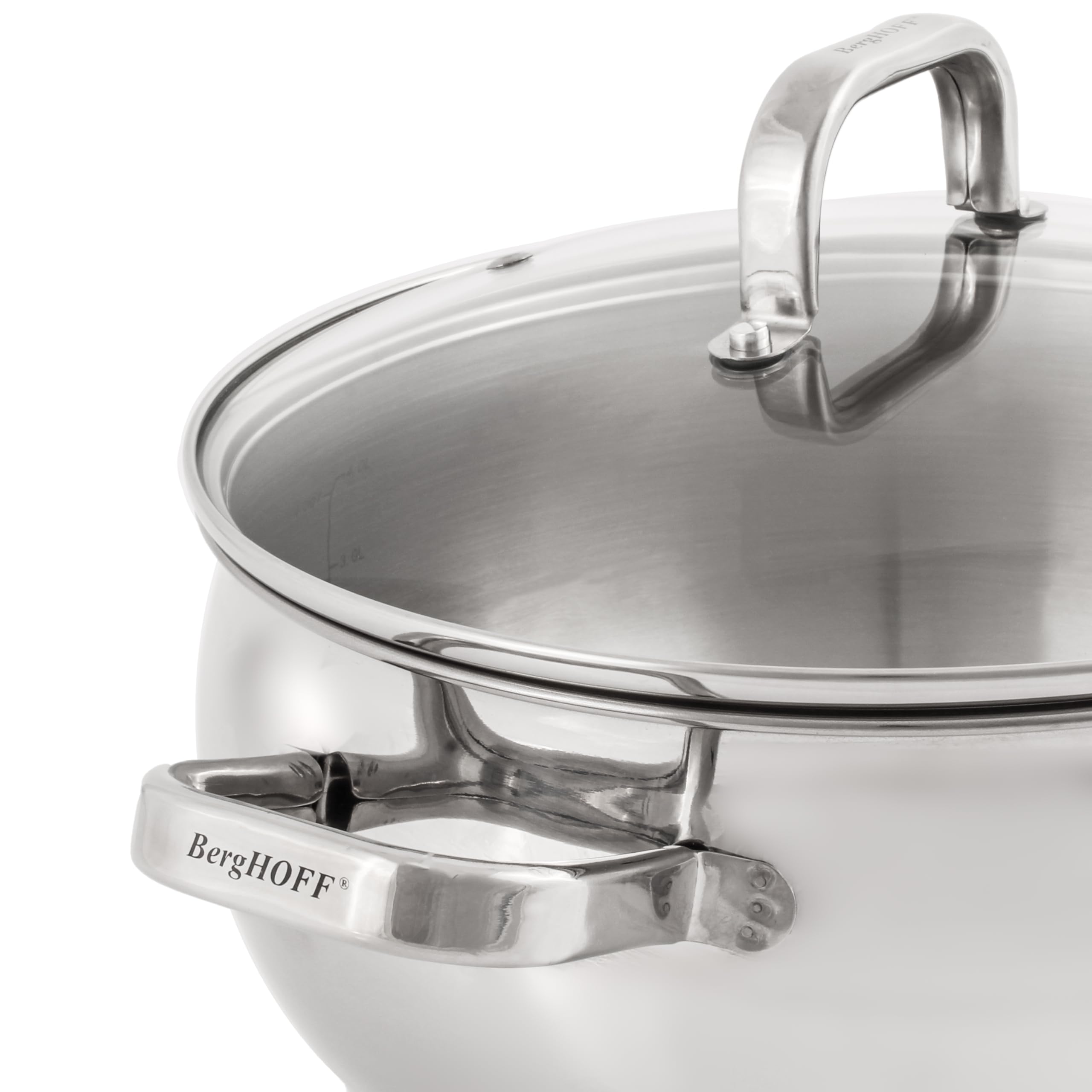 BergHOFF Belly Shape 18/10 Stainless Steel 9.5 inches Stockpot 5.5qt., Glass Lid with Steam Vent, Fast, Evenly Heat, Induction Cooktop Ready