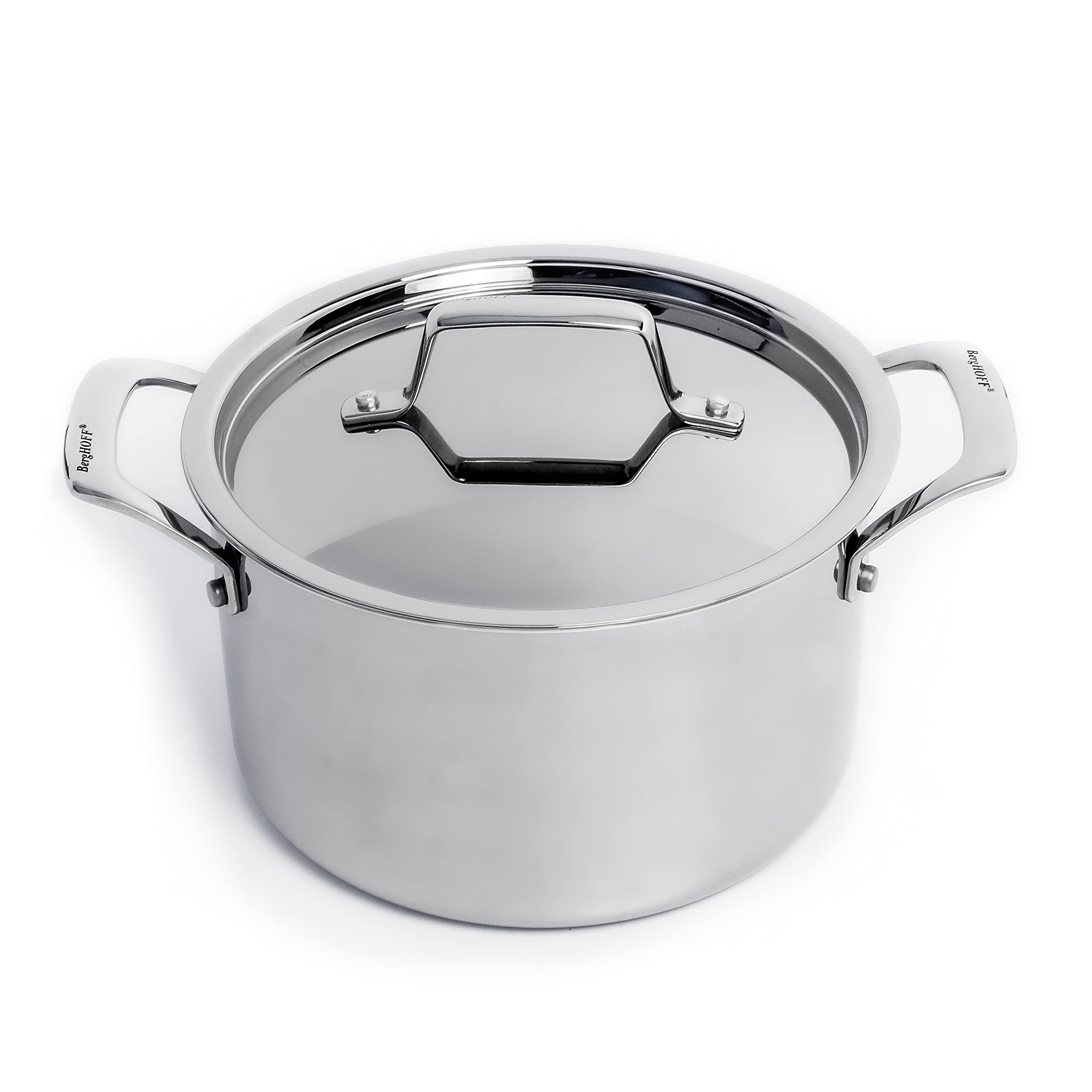 BergHOFF Professional Tri-ply 18/10 Stainless Steel Stockpot 8" 4 Qt. Safe Grip Handle Matching Lid Induction Cooktop Measurement Markings Inside Fast & Even Heat Oven Safe