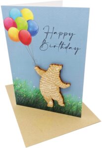 woodland mail happy bear birthday card with wooden bear keepsake on the front