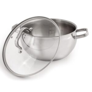 BergHOFF Belly Shape 18/10 Stainless Steel 9.5 inches Stockpot 5.5qt., Glass Lid with Steam Vent, Fast, Evenly Heat, Induction Cooktop Ready