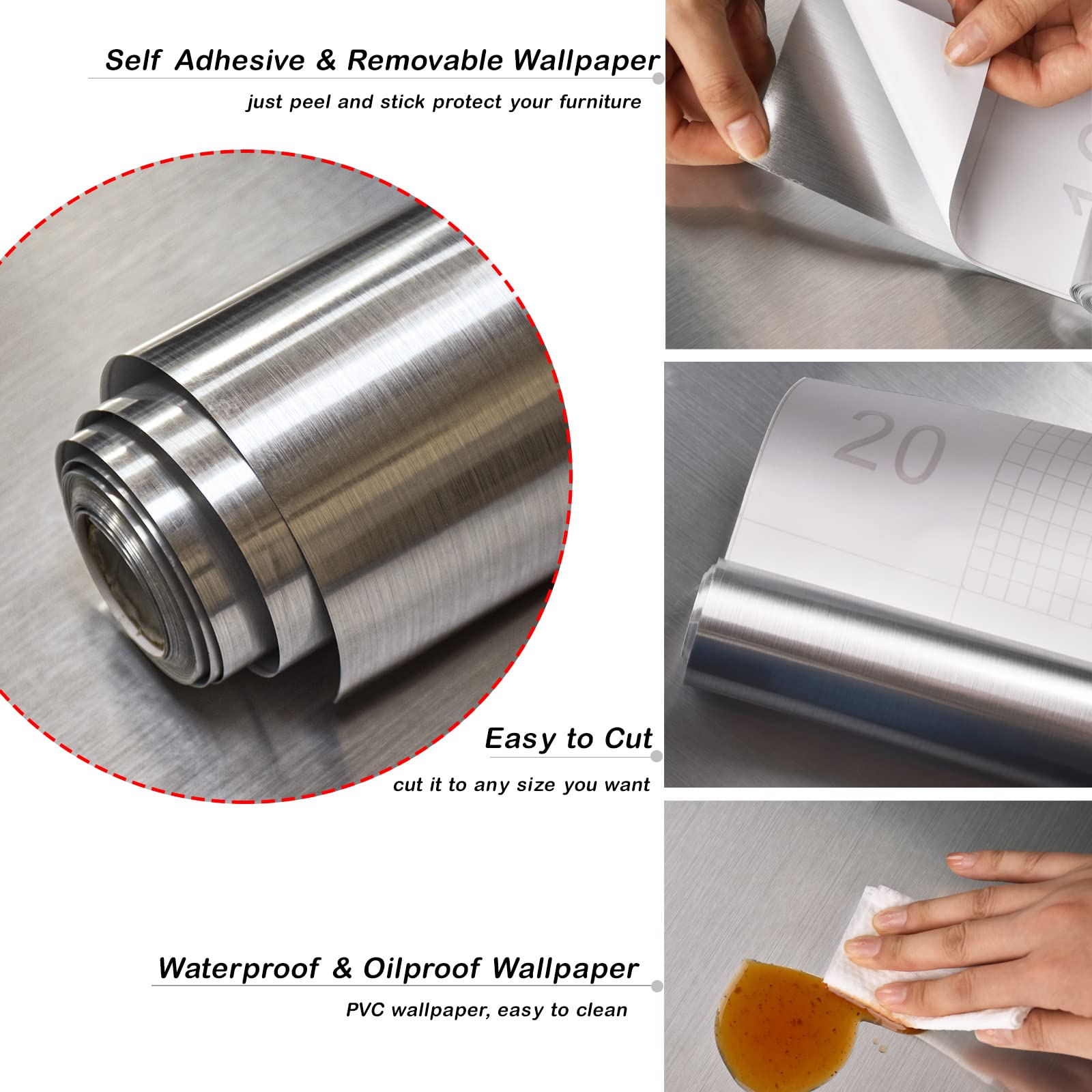 Stainless Steel Contact Paper Peel and Stick Countertop Contact Paper Waterproof Silver Metallic Wallpaper for Kitchen Backsplash Self Adhesive Wallpaper Dishwasher Fridge Appliances Cover 17.7“×78.7”