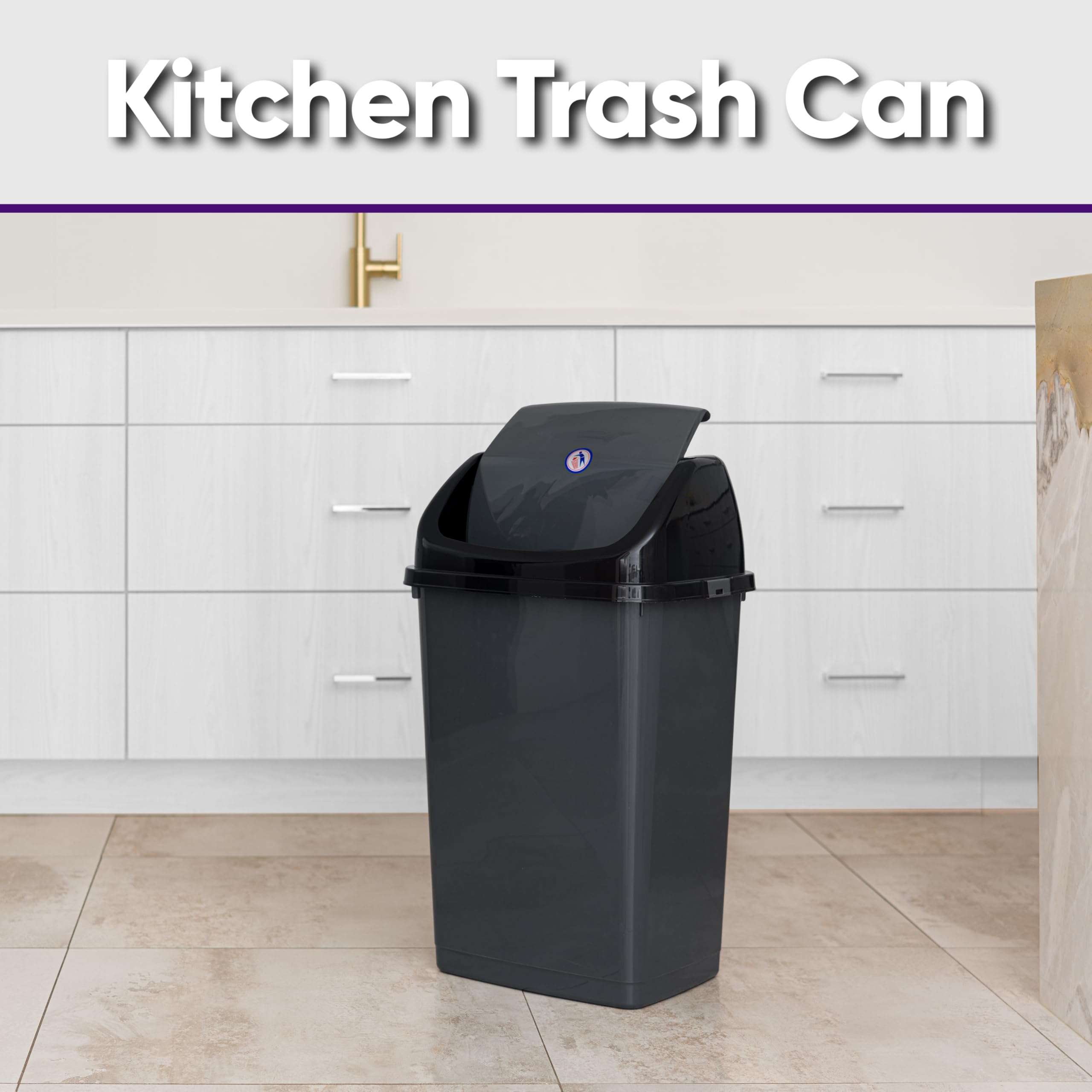 Superio Kitchen Trash Can 13 Gallon with Swing Lid, Plastic Tall Garbage Can Outdoor and Indoor, Large 52 Qt Recycle Bin and Waste Basket for Home, Office, Garage, Patio, Restaraunt (Grey/Black)