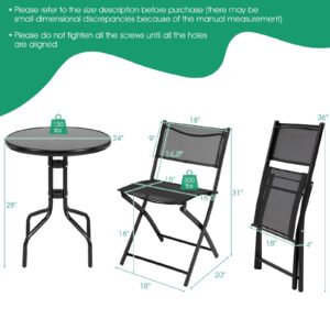 Tangkula 3 Pieces Folding Patio Bistro Set, Outdoor Folding Chairs & Table Set with Tempered Glass Tabletop, Round Table & Foldable Chairs, Outdoor Furniture Set for Garden, Poolside & Backyard