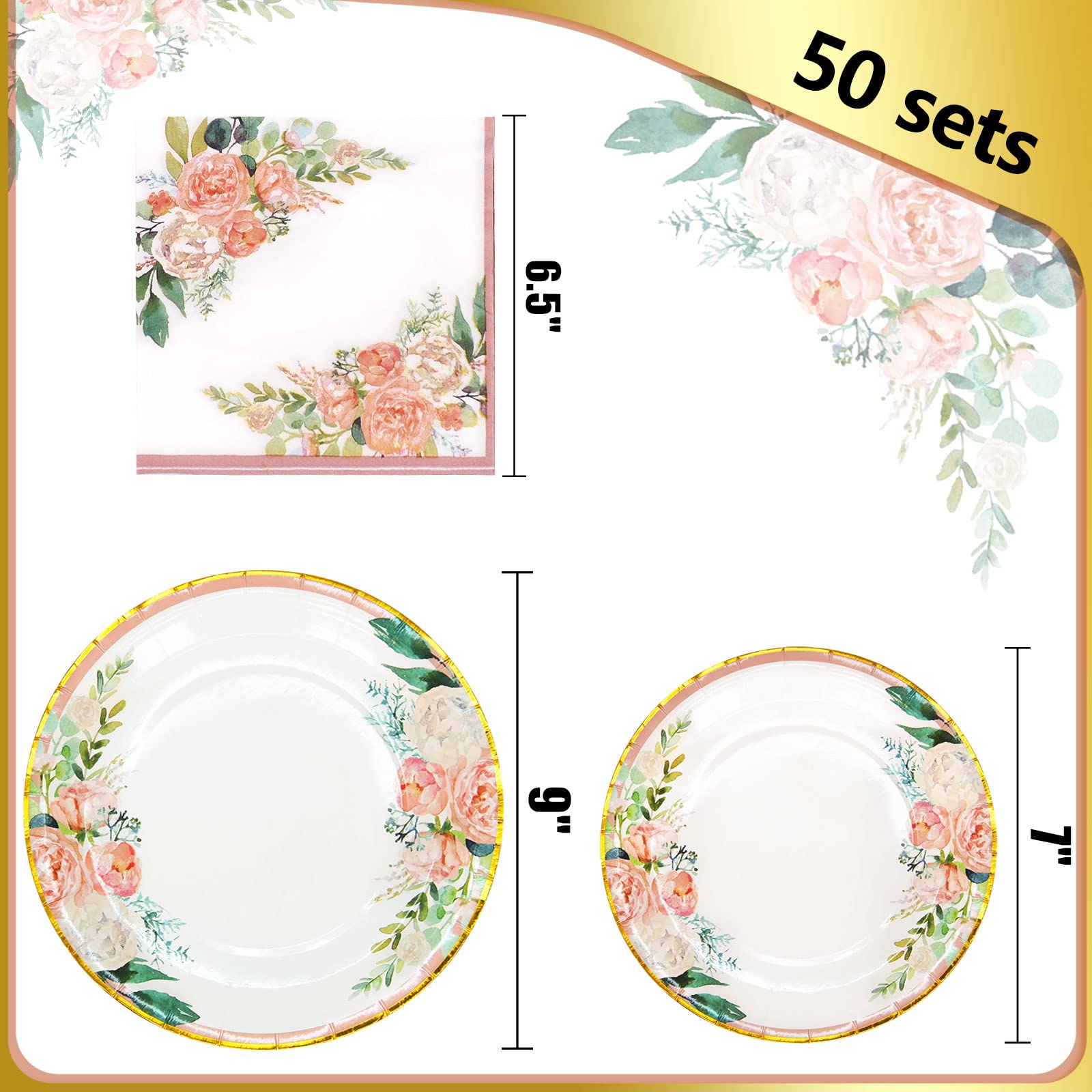 Boosolo Floral Party Supplies Paper Plates and Napkins Sets for 50 Guest-Include Floral Party Disposable Paper Dinner Plates,Napkin for Baby or Bridal Shower,Birthday,Wedding,Tean Party Supplies