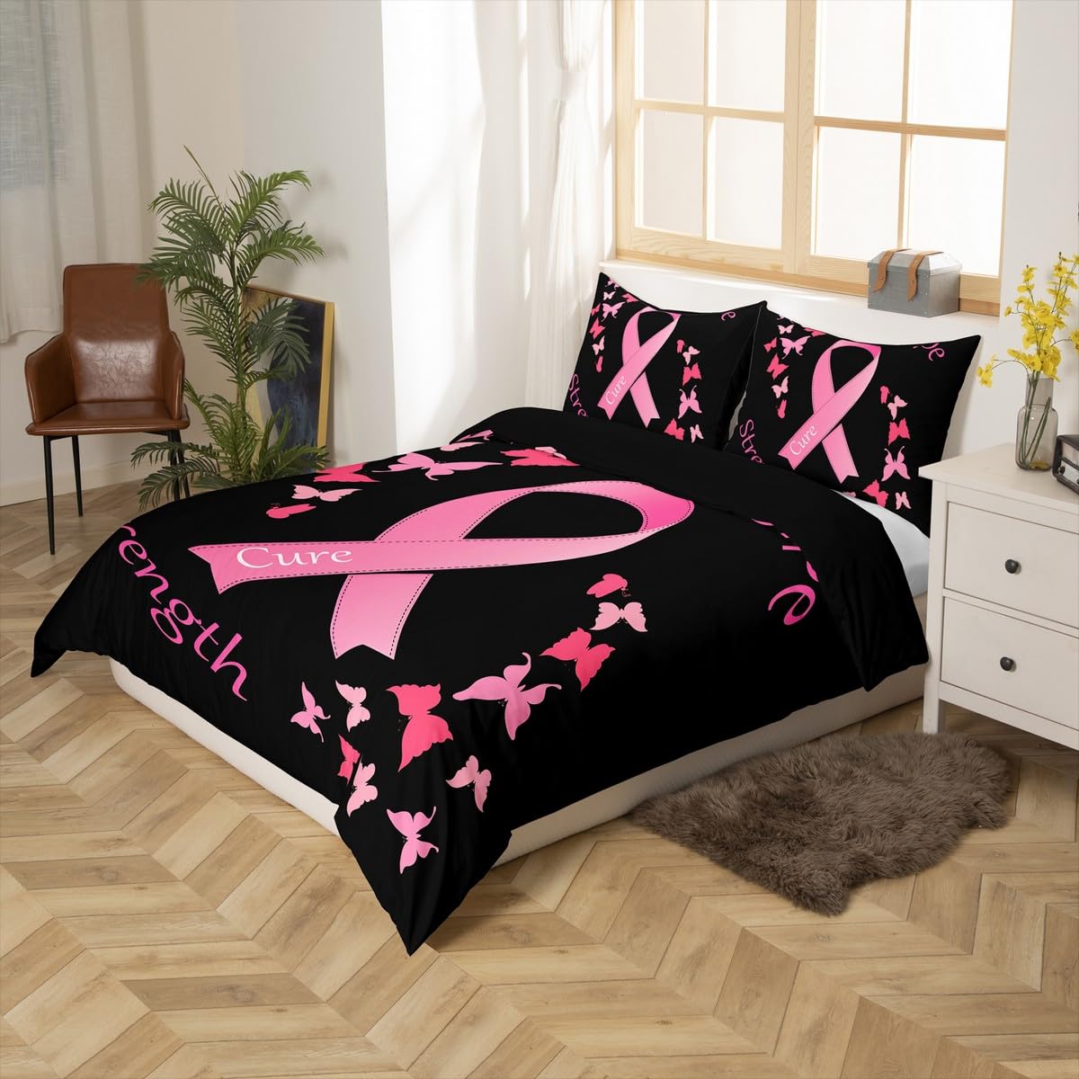 Erosebridal Pink Ribbon Breast Cancer Comforter Cover Butterfly Bedding Set,Flying Butterflies Duvet Cover Breast Cancer Gifts for Women Chemo Friend Coworker Bedroom Decor Queen Size Black