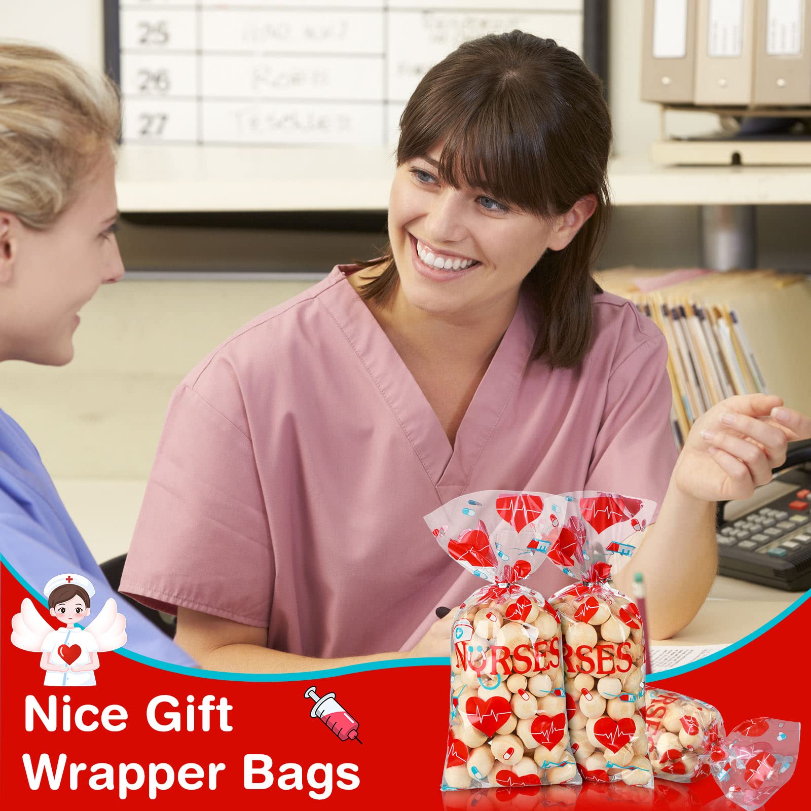 100 Pack Nurses Week Gift Bags Bulk Nursing Candy Bags Goody Bags Medical Gift Bag Treat Bags for National Nurse Day, Nursing Graduation Congrats, Nurse Doctor Theme Party Favors Supplies (Clear)