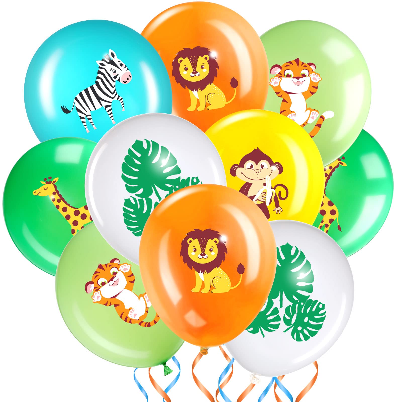 36 Pieces Jungle Safari Party Balloons Decoration Animal Palm Leaves Print Balloon Wild Animals Theme Party Decoration for Birthday Baby Shower Girl Boy Balloon Arch Garland Party Supplies, 12 Inches