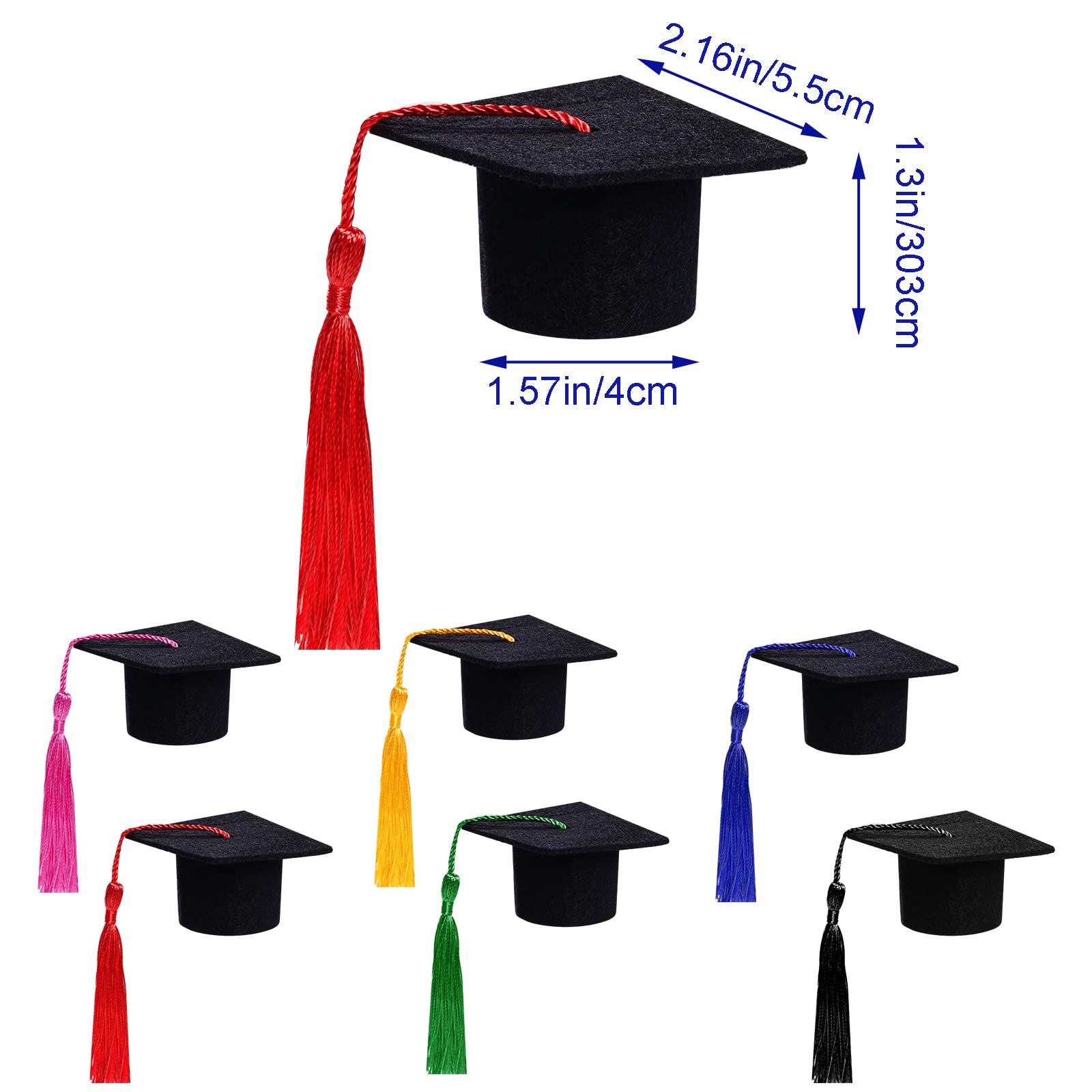 12 Mini Graduation Cap Bottle Toppers with Tassels - Black Felt Crafts for Party Table Decorations (Mixed)