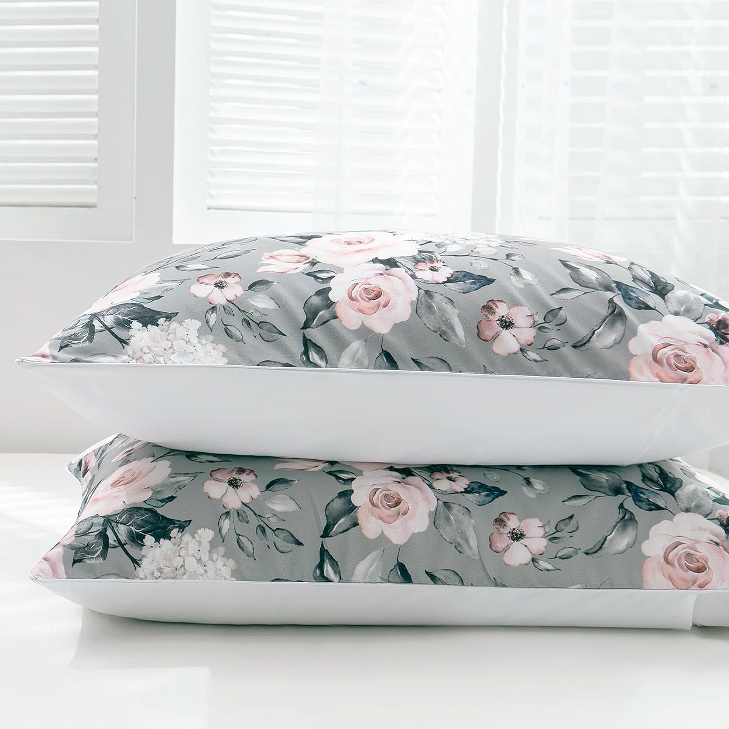 TOPTREE Rose Floral Duvet Cover Twin Size - Grey Floral Duvet Cover Set with Zipper Closure, Soft & Breathable Chic Garden Floral Bedding Set with 2 Pillowcases Gorgeous Floral Comforter Set