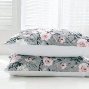 TOPTREE Rose Floral Duvet Cover Queen - Aesthetic Garden Pink Floral Bedding Set Modern Trendy Flower Bed Set with Botanical Leaf for Women Aldult（Grey, Queen）