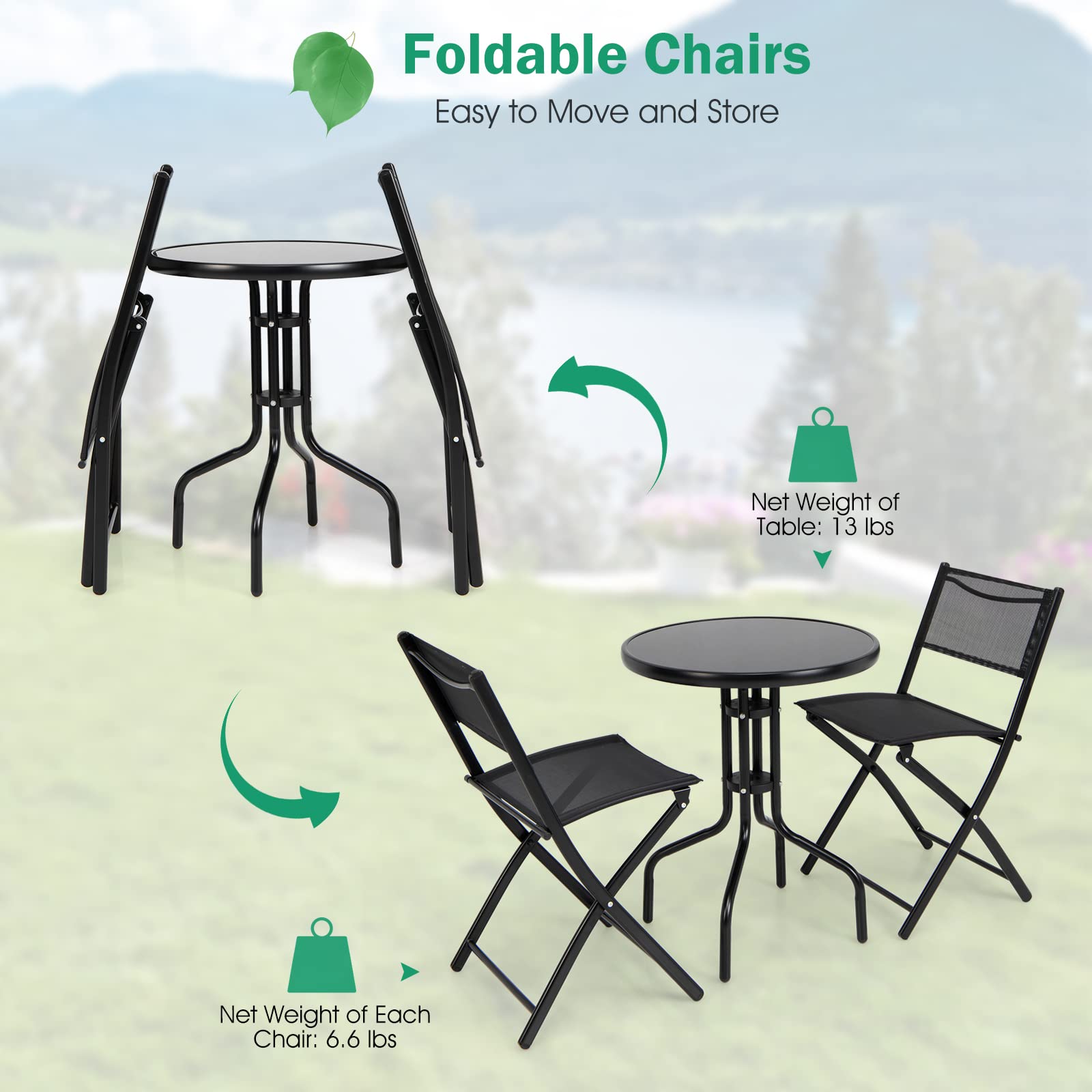 Tangkula 3 Pieces Folding Patio Bistro Set, Outdoor Folding Chairs & Table Set with Tempered Glass Tabletop, Round Table & Foldable Chairs, Outdoor Furniture Set for Garden, Poolside & Backyard