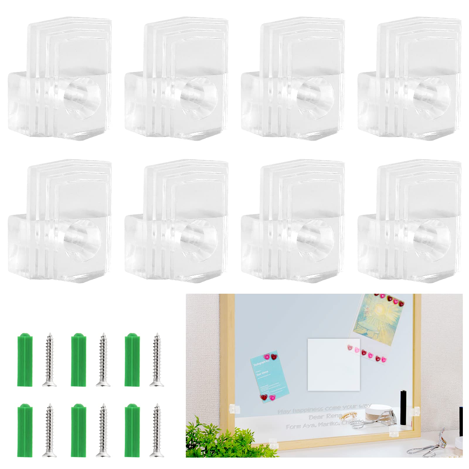 Qjaiune 20 Pack Mirror Holder Clips for Walls, Clear Retainer Clips Cabinet Glass Holder Clip, Wall Mirror Mount Kit Frameless Mirror Hanging Hardware for Vanity Mirror Window Screen (Modern Style)