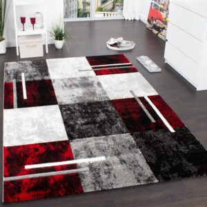 paco home designer rug modern with contour cut chequered in silver black red, size: 5'3" x 7'7"