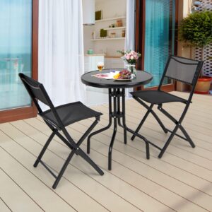 Tangkula 3 Pieces Folding Patio Bistro Set, Outdoor Folding Chairs & Table Set with Tempered Glass Tabletop, Round Table & Foldable Chairs, Outdoor Furniture Set for Garden, Poolside & Backyard