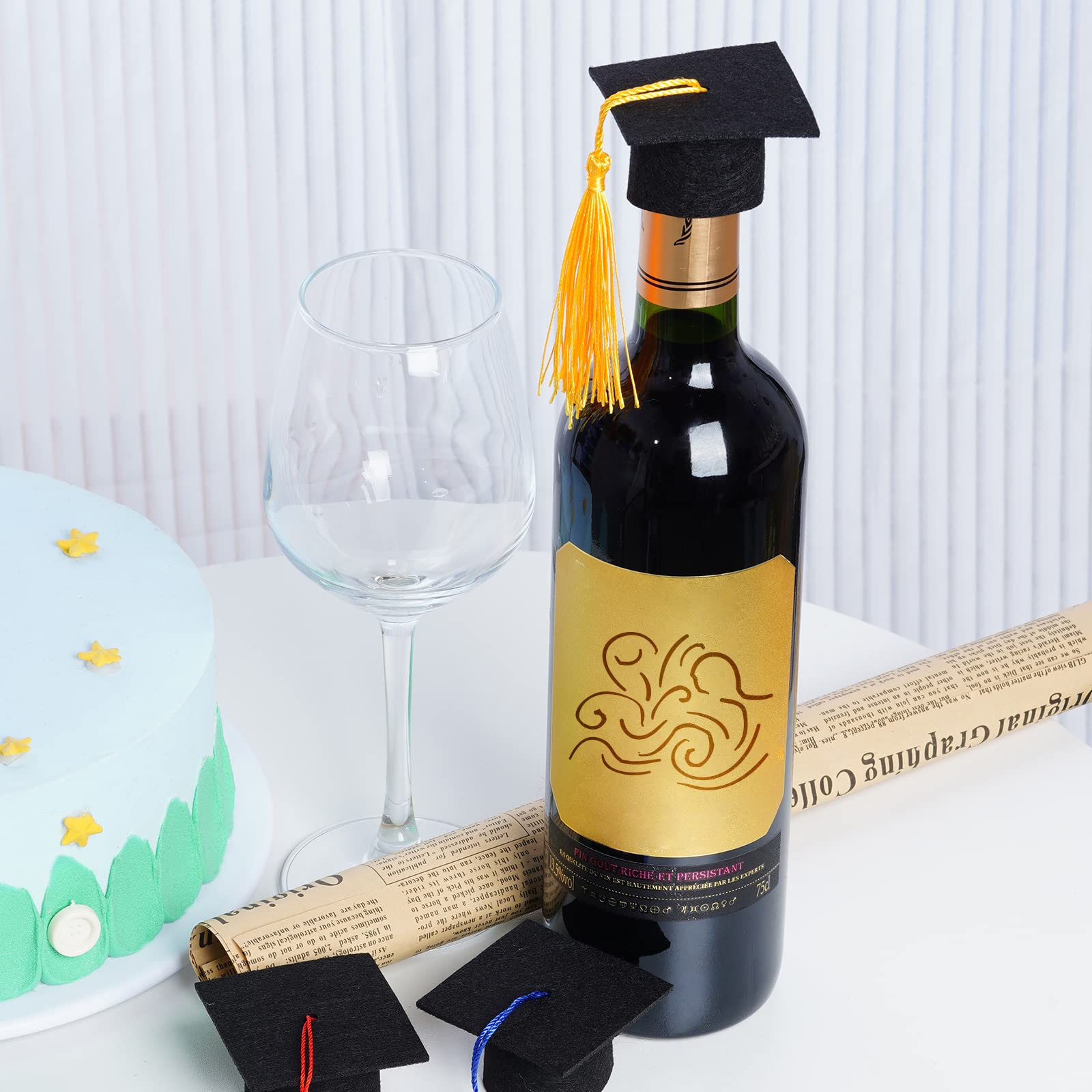 12 Mini Graduation Cap Bottle Toppers with Tassels - Black Felt Crafts for Party Table Decorations (Mixed)