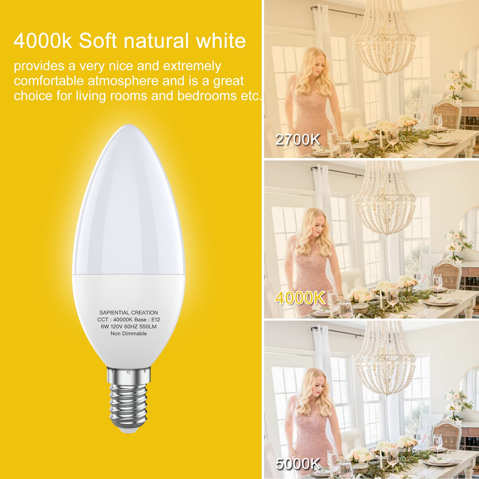 Sapiential Creation Chandelier Candelabra LED Light Bulbs E12 led Bulb Small Base 40 60W Equivalent B11 4000K Natural White Ceiling Fan Type B Candle Light Bulbs 120V Non Dimmable,6 Pack