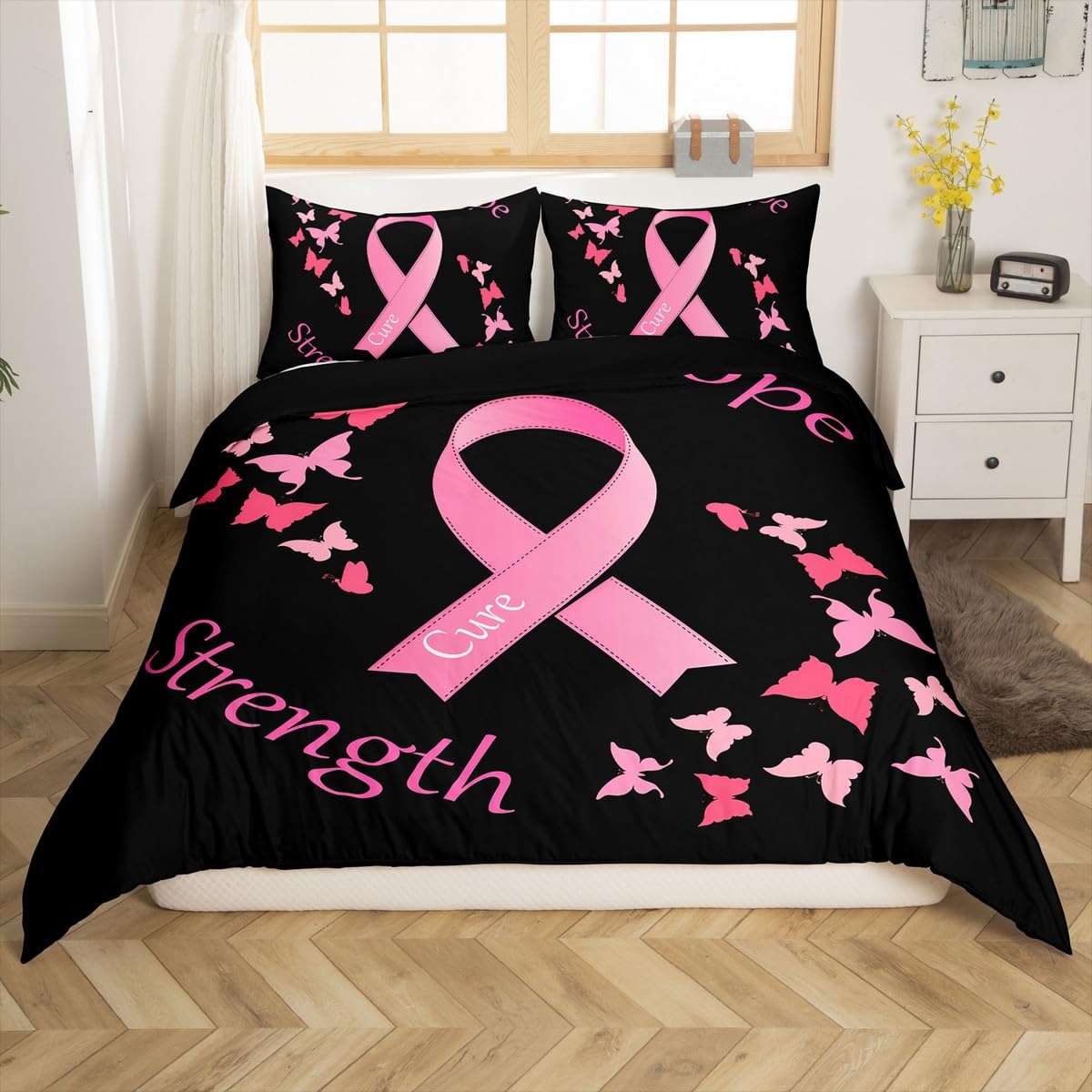 Erosebridal Pink Ribbon Breast Cancer Comforter Cover Butterfly Bedding Set,Flying Butterflies Duvet Cover Breast Cancer Gifts for Women Chemo Friend Coworker Bedroom Decor Queen Size Black