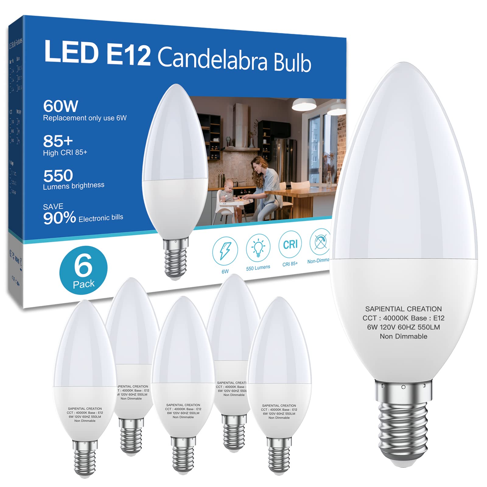 Sapiential Creation Chandelier Candelabra LED Light Bulbs E12 led Bulb Small Base 40 60W Equivalent B11 4000K Natural White Ceiling Fan Type B Candle Light Bulbs 120V Non Dimmable,6 Pack