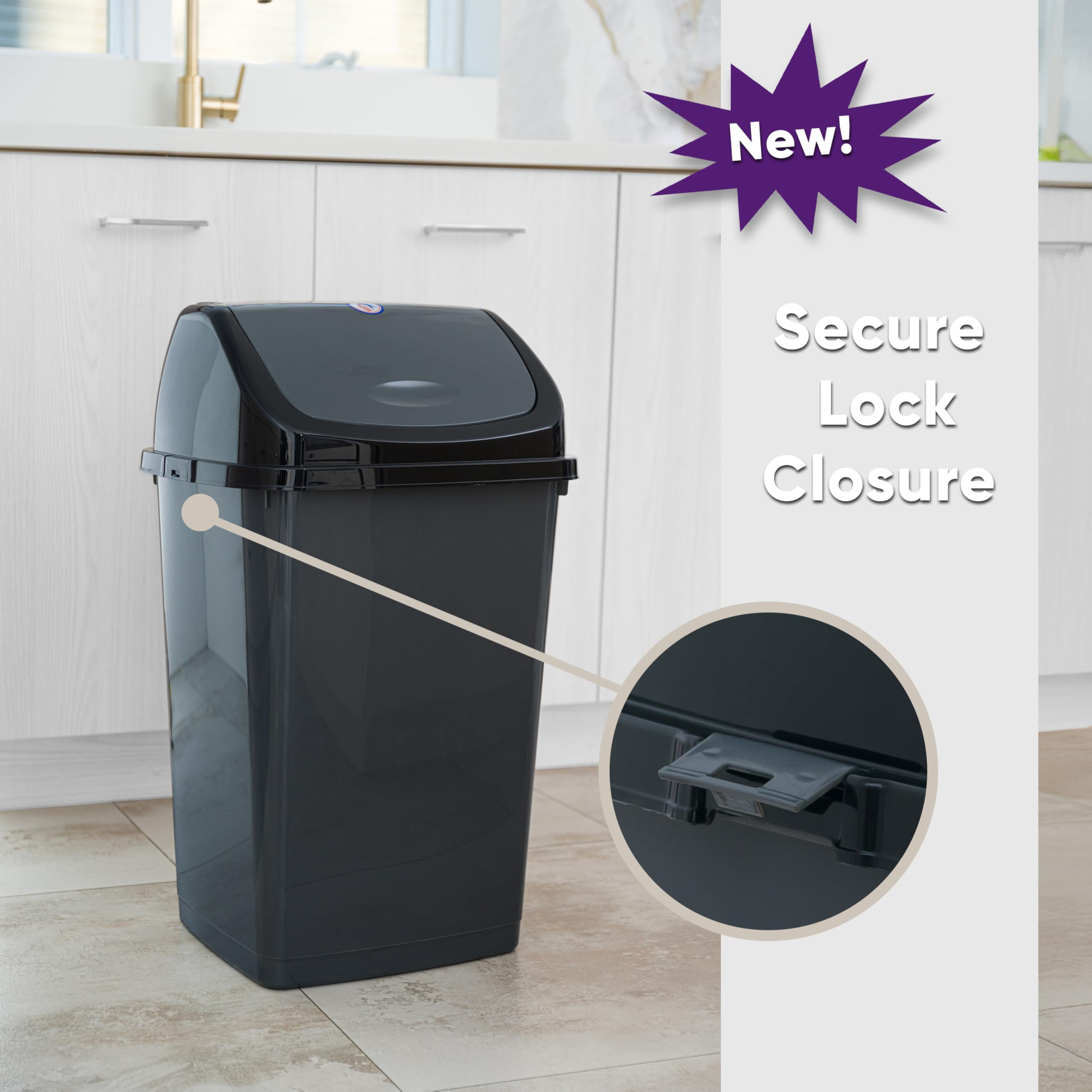 Superio Kitchen Trash Can 13 Gallon with Swing Lid, Plastic Tall Garbage Can Outdoor and Indoor, Large 52 Qt Recycle Bin and Waste Basket for Home, Office, Garage, Patio, Restaraunt (Grey/Black)