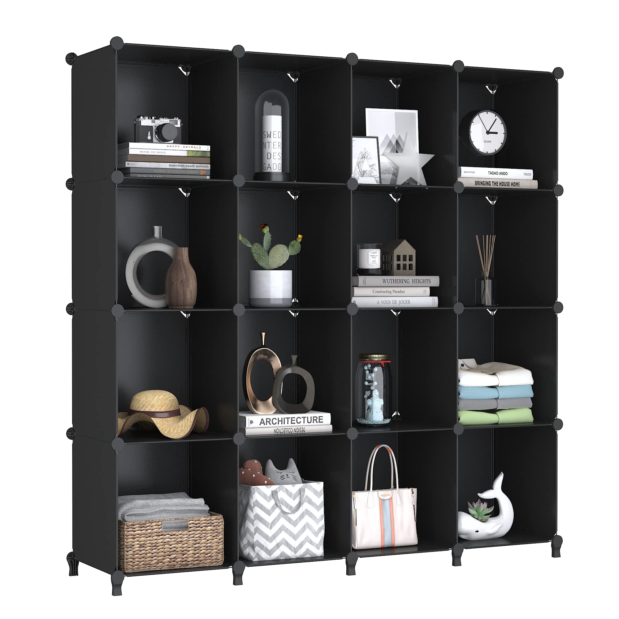 Wolizom Cube Storage Organizer, 16-Cube Black Closet Storage Shelves, Modular Units, Closet Cabinet, Portable DIY Plastic Book Shelf Shelving for Bedroom, Office, Living Room