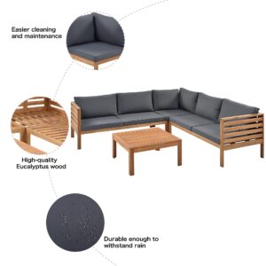 AOCHUANG Eucalyptus Wood 4 Piece Sectional Sofa Set Coffee Table Removable Cushion,Patio Seating Group L Shape Corner Garden Backyard Poolside (Natural Wood+Gray), 58.7inch x 27.6inch 25.1inch(L W H)