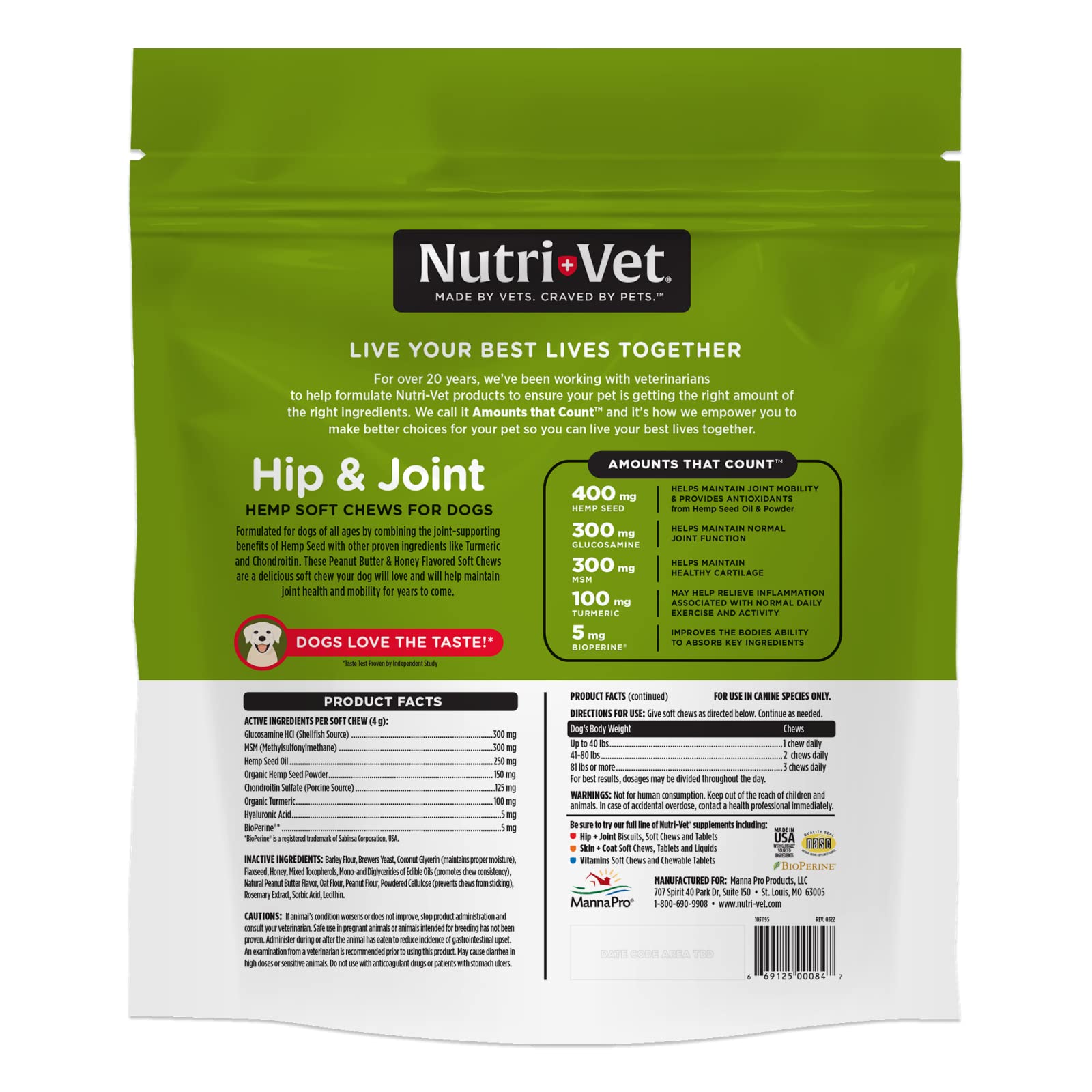 Nutri-Vet Hemp Hip & Joint Soft Chews for Dogs - with Glucosamine and MSM - Peanut Butter & Honey Flavor - 12.7 Ounces