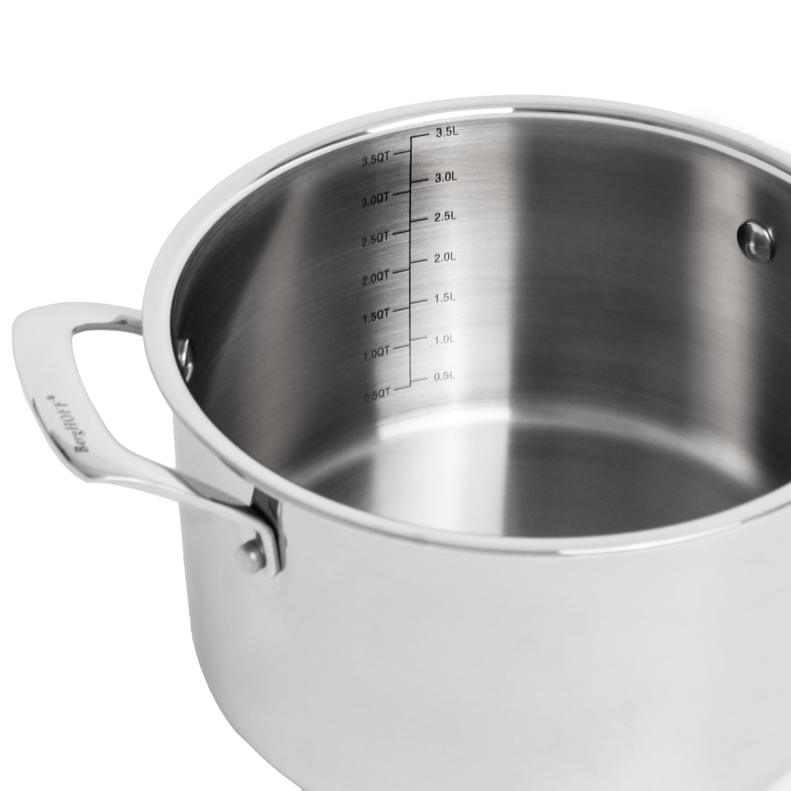 BergHOFF Professional Tri-ply 18/10 Stainless Steel Stockpot 8" 4 Qt. Safe Grip Handle Matching Lid Induction Cooktop Measurement Markings Inside Fast & Even Heat Oven Safe