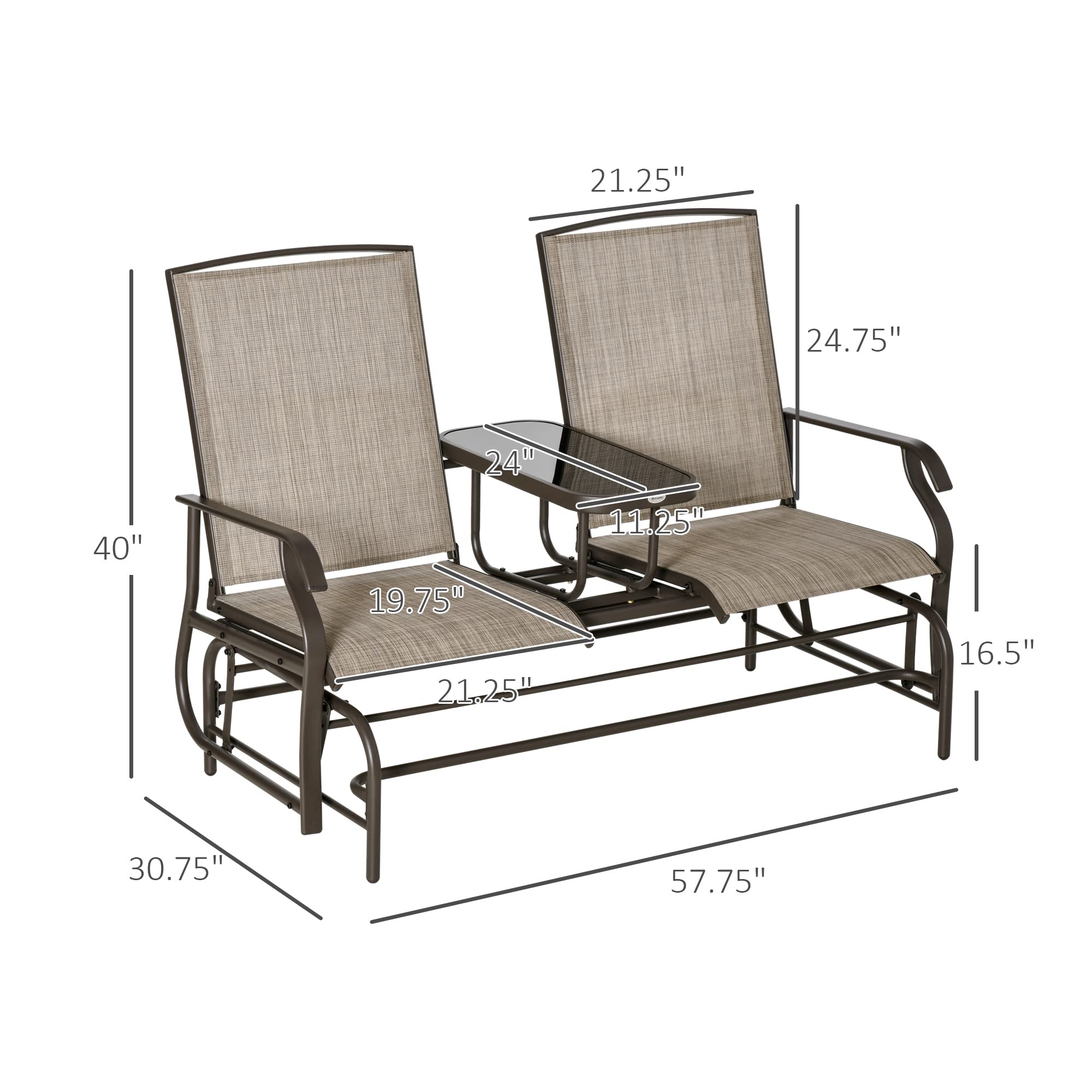 Outsunny Outdoor Glider Bench with Center Table, Metal Frame Patio Loveseat with Breathable Mesh Fabric and Armrests for Backyard Garden Porch, Brown