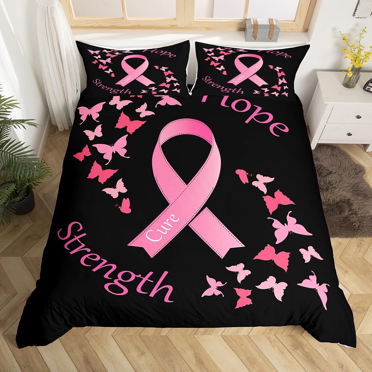 Erosebridal Pink Ribbon Breast Cancer Comforter Cover Butterfly Bedding Set,Flying Butterflies Duvet Cover Breast Cancer Gifts for Women Chemo Friend Coworker Bedroom Decor Queen Size Black