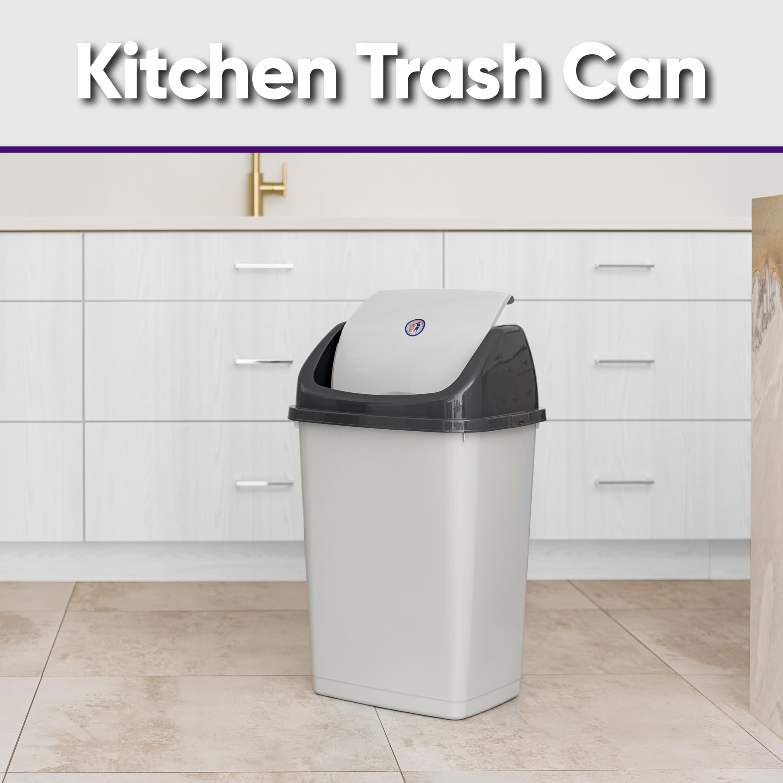 Superio Kitchen Trash Can 13 Gallon with Swing Lid, Plastic Tall Garbage Can Outdoor and Indoor, Large 52 Qt Recycle Bin and Waste Basket for Home, Office, Garage, Patio, Restaraunt (Smoke)