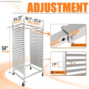 HECASA Adjustable Bun Pan Rack 25 Tier with Brake Wheels, Bakery Sheet Rack for Foodservice, Kitchen,Restaurant, Pizzeria, Hotel, Home, Aluminum, 24.72" L x 20.5" W x 58''H