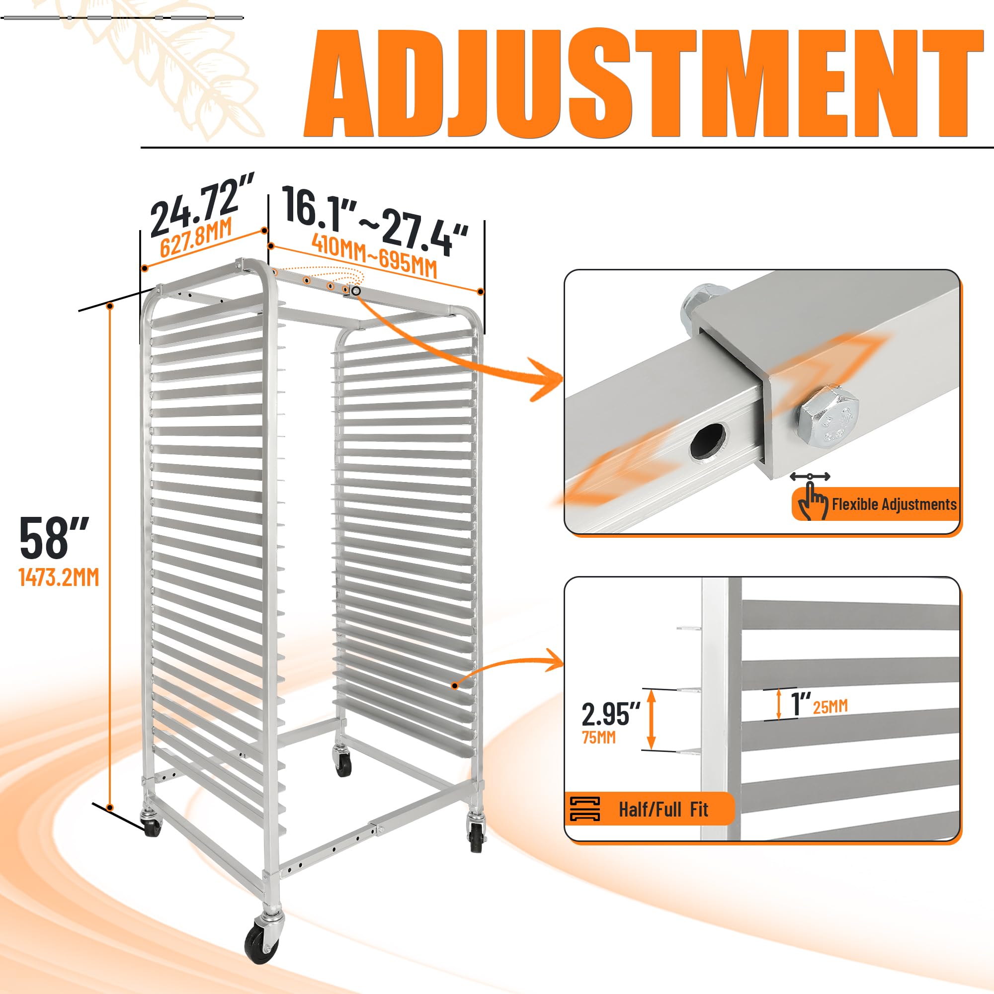 HECASA Adjustable Bun Pan Rack 25 Tier with Brake Wheels, Bakery Sheet Rack for Foodservice, Kitchen,Restaurant, Pizzeria, Hotel, Home, Aluminum, 24.72" L x 20.5" W x 58''H