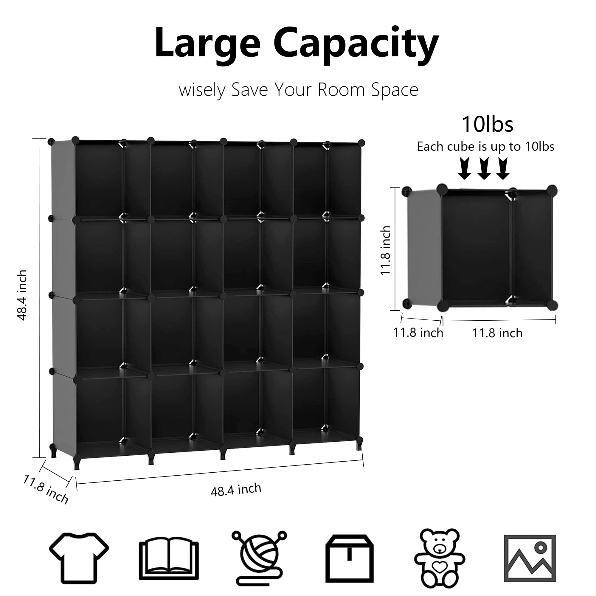 Wolizom Cube Storage Organizer, 16-Cube Black Closet Storage Shelves, Modular Units, Closet Cabinet, Portable DIY Plastic Book Shelf Shelving for Bedroom, Office, Living Room