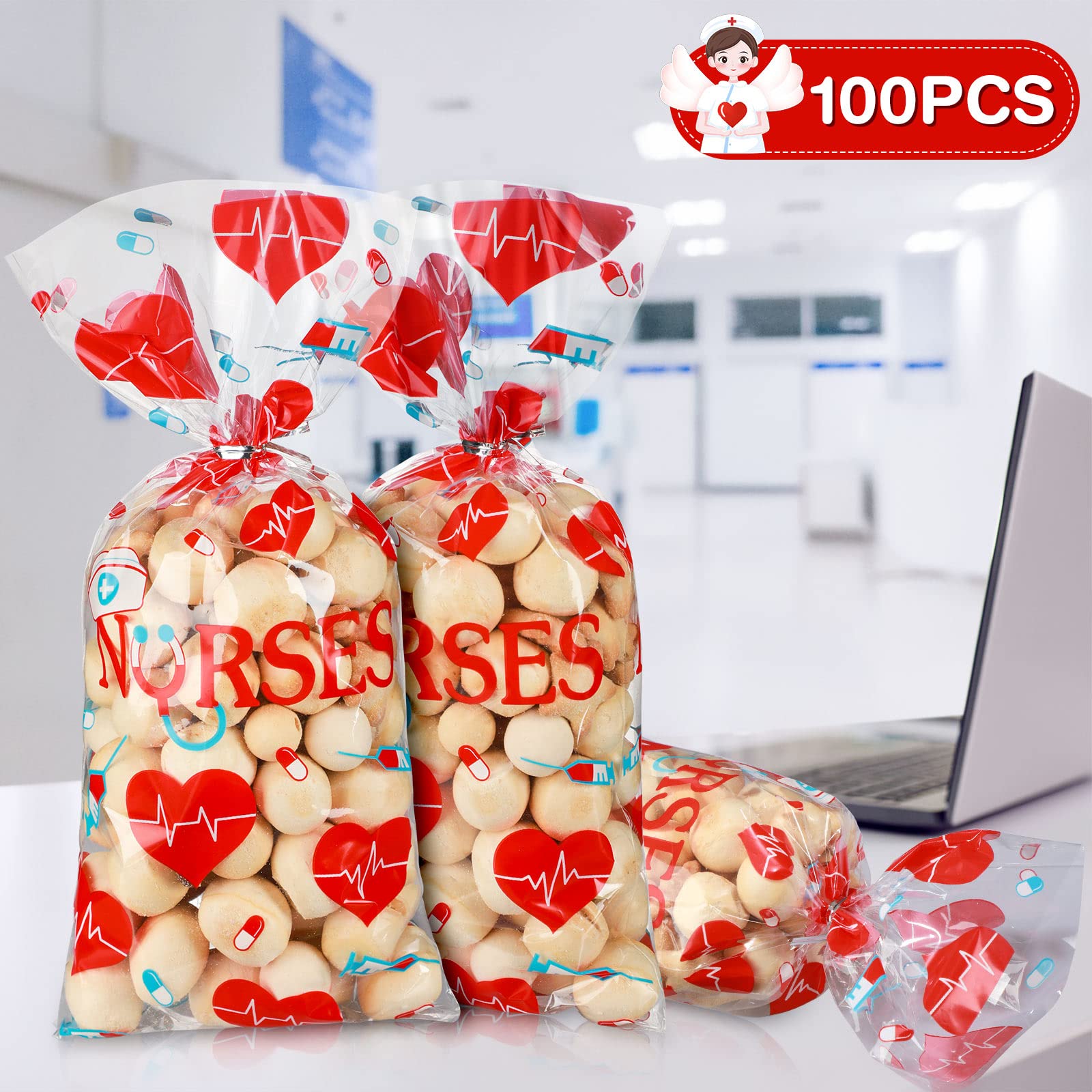 100 Pack Nurses Week Gift Bags Bulk Nursing Candy Bags Goody Bags Medical Gift Bag Treat Bags for National Nurse Day, Nursing Graduation Congrats, Nurse Doctor Theme Party Favors Supplies (Clear)