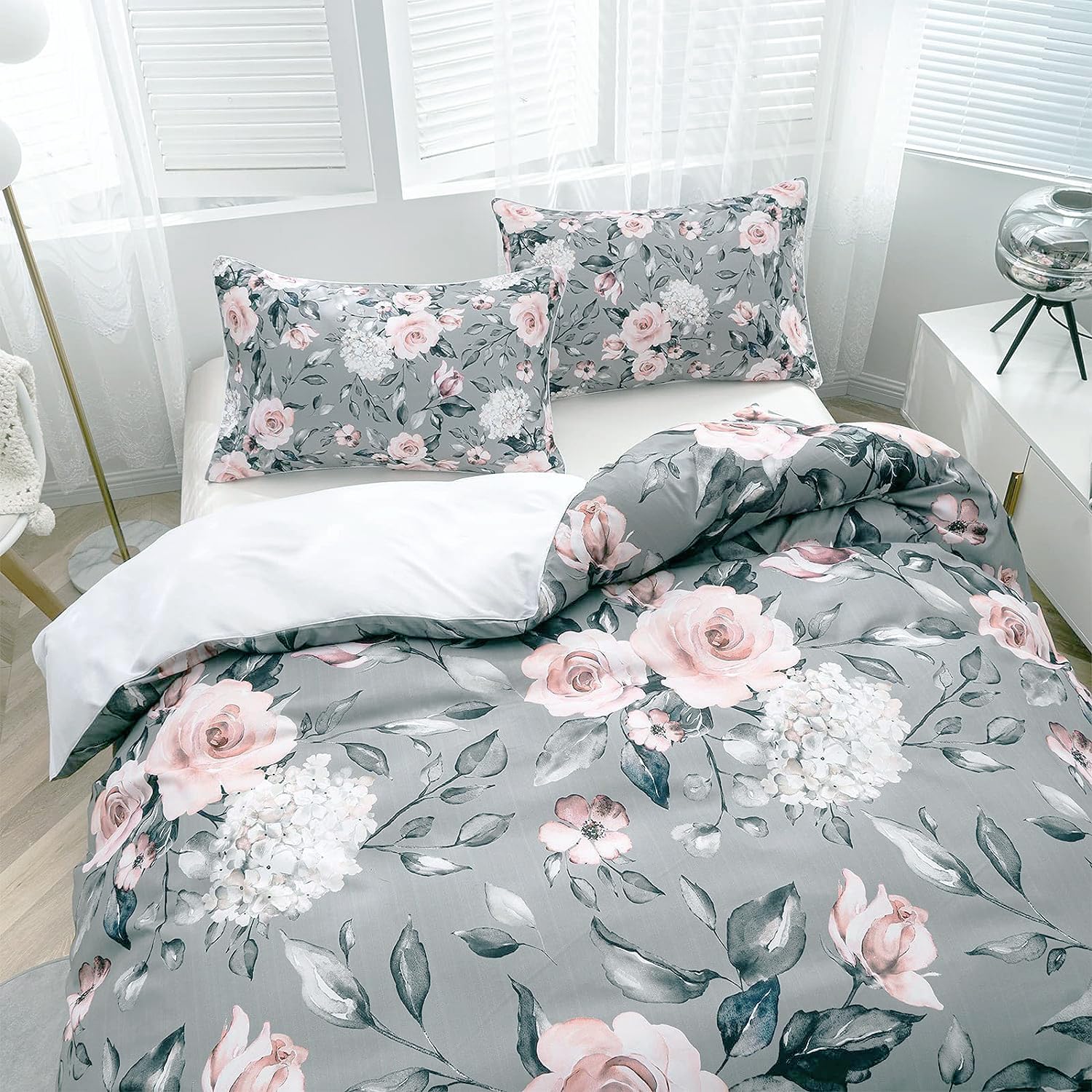 TOPTREE Rose Floral Duvet Cover Queen - Aesthetic Garden Pink Floral Bedding Set Modern Trendy Flower Bed Set with Botanical Leaf for Women Aldult（Grey, Queen）