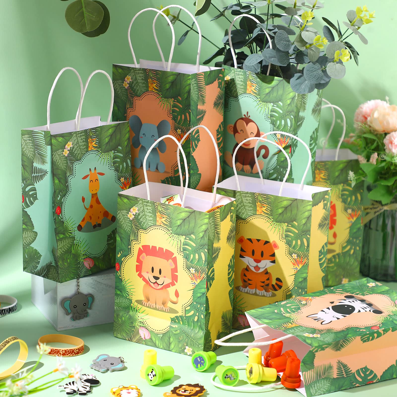 24 Pieces Safari Goodie Bag Safari Jungle Party Favor Bags with Handles for Kids Birthday Jungle Woodland Gift Bags for Birthday Party Baby Shower Party Supplies (Classic Style)