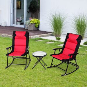 Tangkula 3 Pieces Folding Bistro Set, Outdoor Rocking Chairs with Round Table Set, Foldable Chairs & Glass Top Coffee Table, Patio Folding Furniture Set for Backyard, Garden, Poolside, Porch (Red)