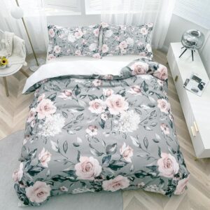 TOPTREE Rose Floral Duvet Cover Queen - Aesthetic Garden Pink Floral Bedding Set Modern Trendy Flower Bed Set with Botanical Leaf for Women Aldult（Grey, Queen）