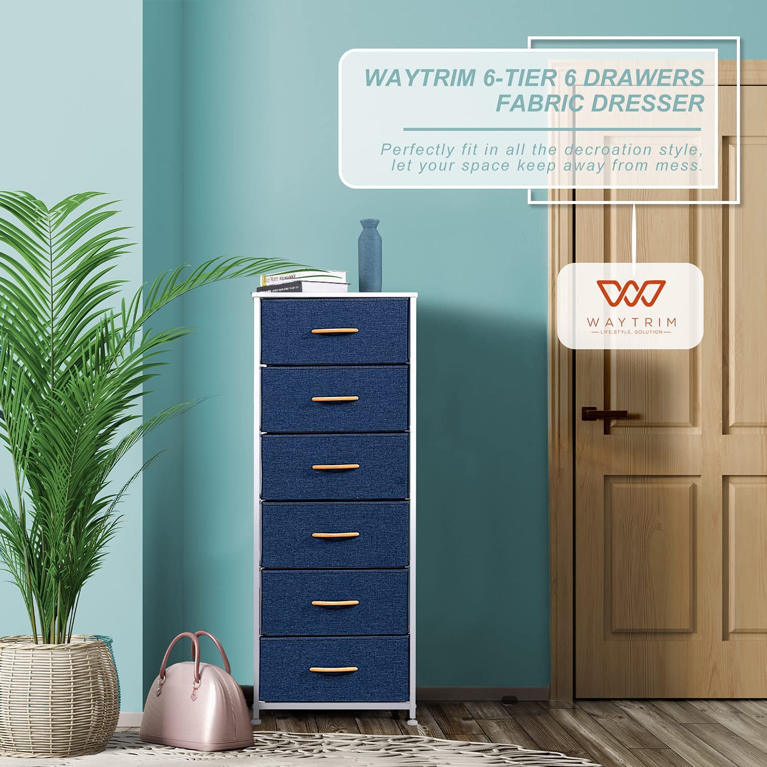 WAYTRIM Dresser Storage Tower, 6 Fabric Organizer Drawers, Wide Chest of Drawers for Closet Boys & Girls Bedroom, Bedside Furniture, Steel Frame, Wood Top, Fabric Bins, Easy Installation, (Navy Blue)