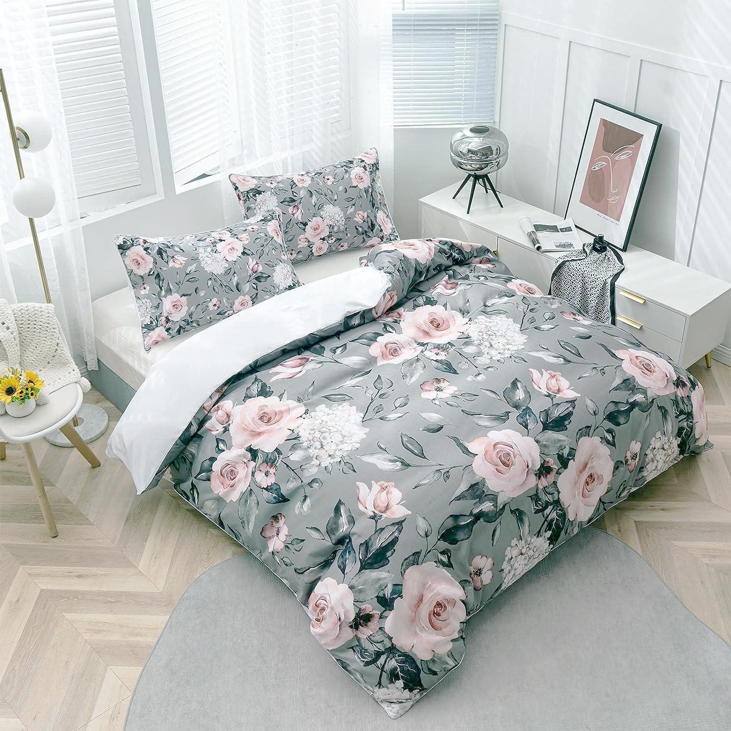 TOPTREE Rose Floral Duvet Cover Twin Size - Grey Floral Duvet Cover Set with Zipper Closure, Soft & Breathable Chic Garden Floral Bedding Set with 2 Pillowcases Gorgeous Floral Comforter Set